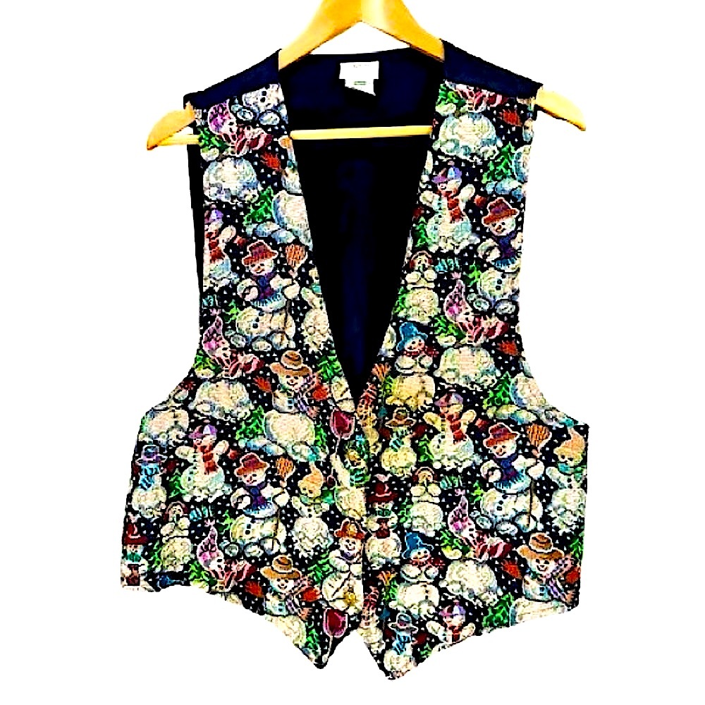 {Backroad Blues} VTG Holiday Tapestry Vest - Snowmen Winter Wonderland Scene